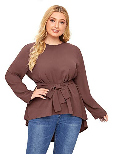 Romwe Women s Plus Size Long Sleeve Belted High Low Peplum Tunic Tops Blouse Shirts Redwood 1XL