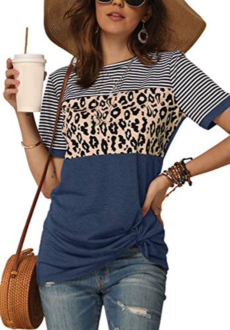 Leopard T Shirt for Women Summer Short Sleeve Color Block Striped Twist Knot Tops Navy M Leopard T Shirt for Women Summer Short Sleeve Color Block Striped Twist Knot Tops Navy M