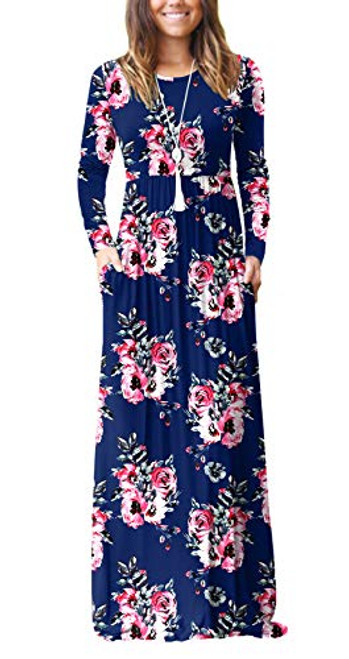 HAOMEILI Women s Casual Loose Pocket Long Dress Long Sleeve Floral Print Maxi Dresses L Print Navy HAOMEILI Women s Casual Loose Pocket Long Dress Long Sleeve Floral Print Maxi Dresses L Print Navy