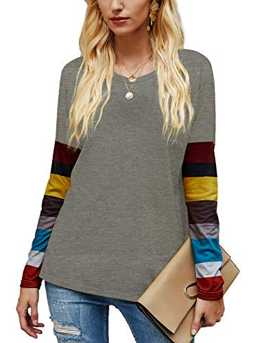 Chigant Womens Color Block Tunic Tops Crewneck Long Sleeve T-Shirt Loose Shirt Blouses Casual Shirts Tops