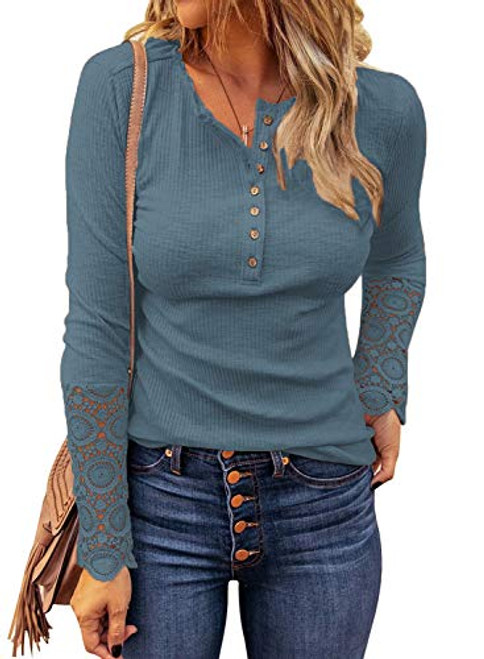 LOLONG Womens Stretch Ribbed Long Sleeve T-Shirt V Neck Slim Fit Henley Shirts Tops Blue