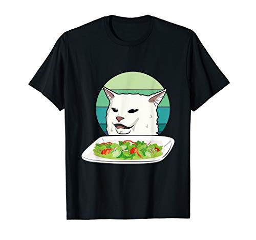Angry women yelling at confused cat at dinner table meme T-Shirt