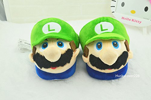 BCCAT Nintendo Super Mario Brothers Red Mario Adults & Kids Soft Plush Slipper 1 Pairs (Kids size , Luigi)