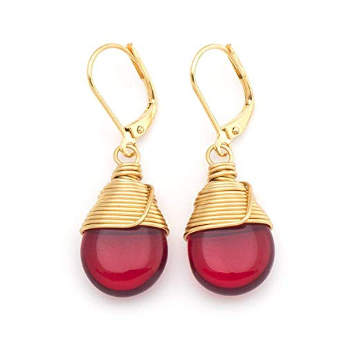 Red Czech Glass Wire-wrapped Drop Gold Lever-back Earrings 1.4 Inches Red Czech Glass Wire-wrapped Drop Gold Lever-back Earrings 1.4 Inches