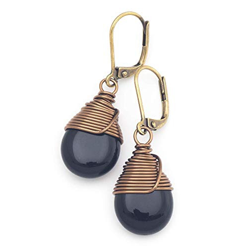 Black Czech Glass Wire-wrapped Drop Antique Bronze Lever-back Earrings 1.4 Inches