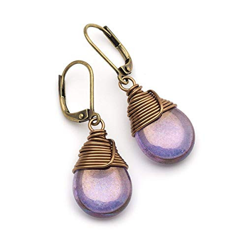Lustrous Purple Czech Glass Wire-wrapped Drop Bronze Lever-back Earrings 1.4 Inches Lustrous Purple Czech Glass Wire-wrapped Drop Bronze Lever-back Earrings 1.4 Inches
