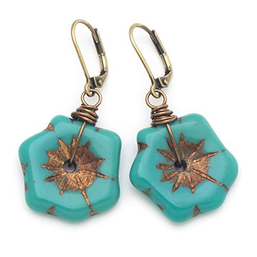 Blue Hibiscus Flower Czech Glass Wire-wrapped Drop Antique Bronze Tone Lever-back Earrings 1.4 Inches