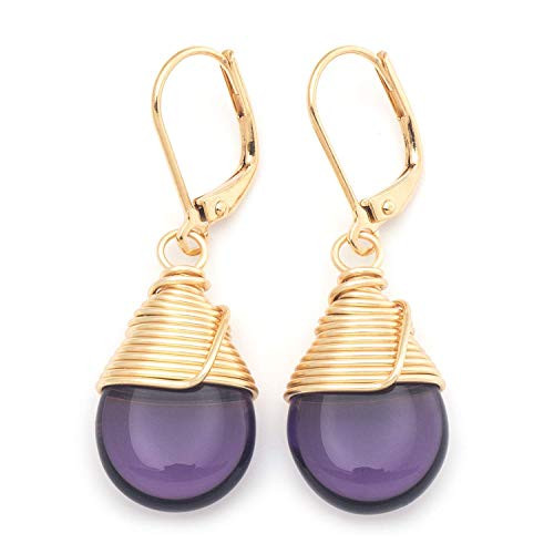 Purple Czech Glass Wire-wrapped Drop Gold Lever-back Earrings 1.4 Inches Purple Czech Glass Wire-wrapped Drop Gold Lever-back Earrings 1.4 Inches