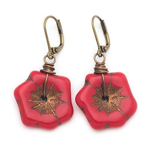 Red Hibiscus Flower Czech Glass Wire-wrapped Drop Antique Bronze Tone Lever-back Earrings 1.4 Inches