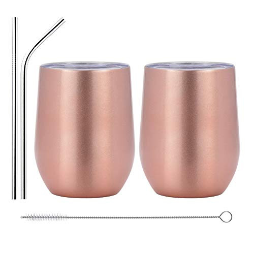 12oz Stainless Steel Stemless Wine Tumbler with Straws -ACOOME Double Wall Vacuum Insulated Wine Glass with Lid,Great Perfect for Wine, Coffee, Drinks,2 Sets (Rose Gold)