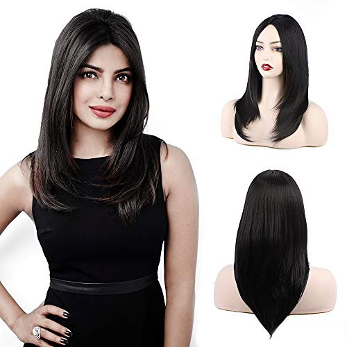 FORCUTEU Straight Black Wigs With Bangs Long Layered Shoulder Length Synthetic Wigs For Women Natural Looking Heat Resistant Wig. 1Bblack