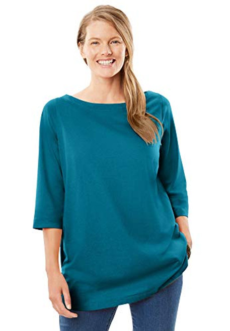 Woman Within Women s Plus Size Perfect Three-Quarter Sleeve Boat-Neck Tee Shirt - 1X  Deep Teal