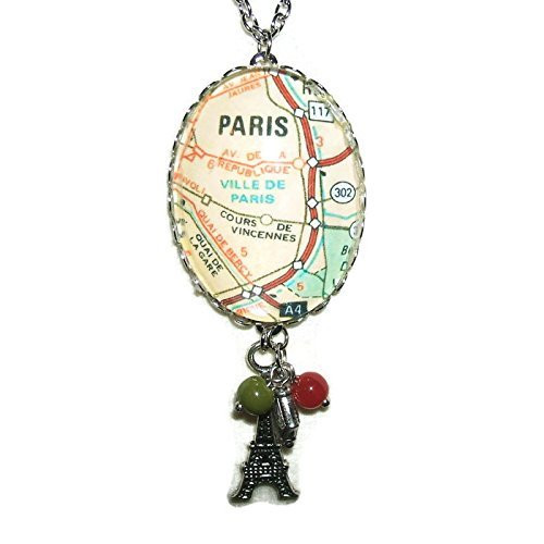 PARIS MAP NECKLACE France Travel GLASS CABOCHON Eiffel Tower Dangle Drops Silver Pltd