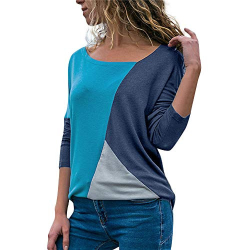 Women Casual Patchwork Color Block Crewneck Long Sleeve T-Shirt Blouse Top  2X-Large  Navy