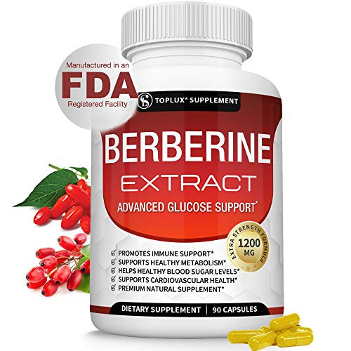 Berberine Extract 1200 mg HCl Complex - Premium Strength Berberine Plus to Support Immune Function  Blood Sugar Metabolism and Cardiovascular Health  for Men Women  90 Capsules  Toplux Supplement