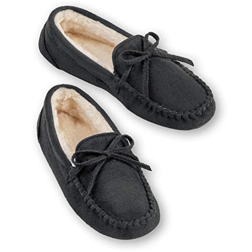 Cozy Faux Suede Plush Lined Moccasin Slippers for Indoor or Outdoor Use with Skid-Resistant Soles Black