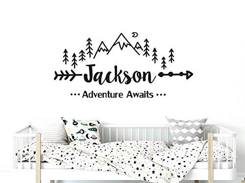 Mountain Nursery Wall Decal - Adventure Awaits Arrow Vinyl Stickers - Mountain Wall Decor - Boys Custom Name - Boys Name Stickers C681