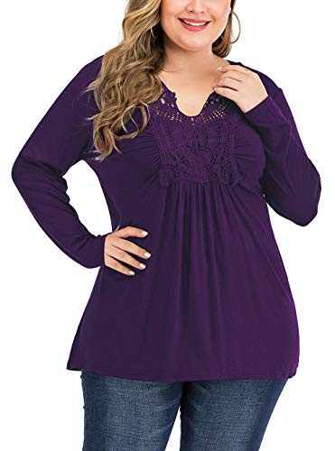 YASAKO Womens Plus Size Tops Pleated V-Neck Lace Blouse Swing T-Shirts Flowy Long Sleeve Casual Tunic Purple 2XL
