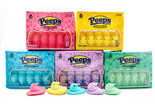 Marshmallow Peep Chicks Easter Colors - 5 Packs of 10 - Yellow  Lavender  Pink  Green  and Blue Chicks - Classic Marshmallow Candy - Decorative Seasonal Peeps