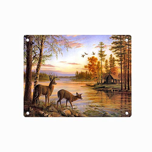 Autumn Evening Sunset River Deer Cabin Metal Tin Sign  Tin Poster  Wall Ornament Coffee Decor Art  Size 12 inch X 8 inch
