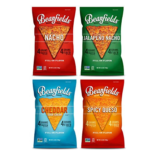 Beanfields Bean Chips  High Protein and Fiber  Gluten Free  4 Flavor Vegan Cheese Pack  Jalapeño Nacho  Spicy Queso  Nacho  Cheddar Sour Cream  5.5oz   Pack of 4