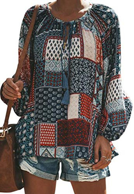 Boho Tops for Women V Neck Blouse Long Sleeve Patterned Casual Loose Fitting Shirts Floral M Boho Tops for Women V Neck Blouse Long Sleeve Patterned Casual Loose Fitting Shirts Floral M