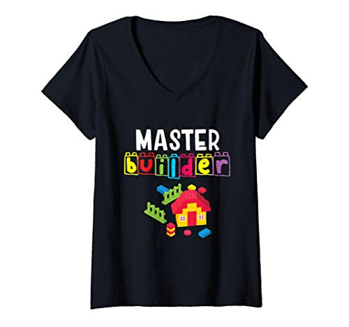 Womens Master Builder Building Blocks Brick Builders Fun Toys V-Neck T-Shirt