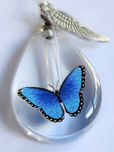 Cremation Urn Blue Morpho Butterfly Bottle Angel Wing Sympathy Gift Sterling Silver Necklace