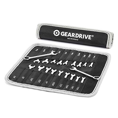 GEARDRIVE Mini Combination Wrench Set  Midget Wrench Set  Metric  and  SAE  20-Piece  4-11mm  and  5 32   to 7 16    Lightweight  with Rolling Pouch