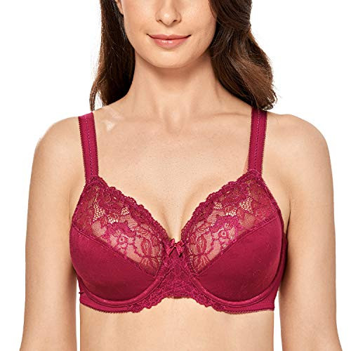 DELIMIRA Women s Full Coverage Underwire Unlined Lace Sheer Plus Size Minimizer Bra Cranberry 34G