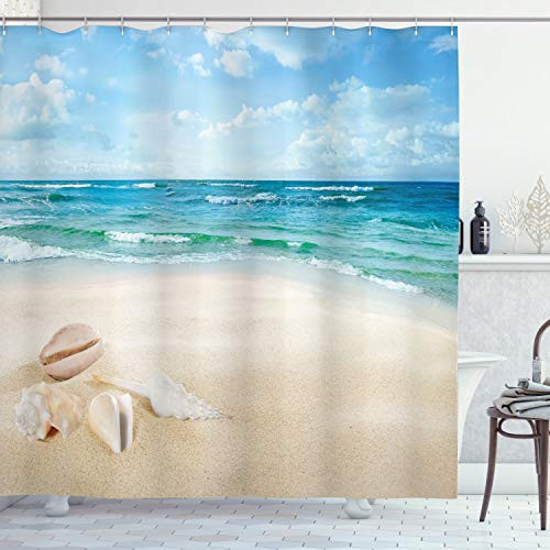 Ambesonne Ocean Shower Curtain  Beach Sand Waves Sealife Marine Design with Shells Hot Summer Sun Holiday Print  Cloth Fabric Bathroom Decor Set with Hooks  75 inch Long  Cream Teal