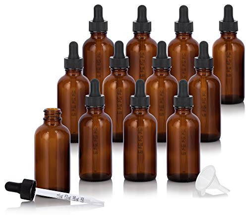 2 oz   60 ml Amber Glass Boston Round Graduated Measurement Glass Dropper Bottle  12 pack   plus Funnel