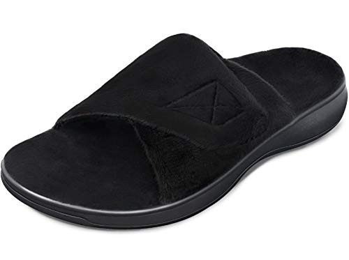 Womens Slippers with Arch Support for Plantar Fasciitis  Womens Slippers with Adjustable Velcro  and  Orthotic Heel Cup Stress Relief Ladies Fuzzy House Slippers  Relax Open Toe Slipper for Indoor Black