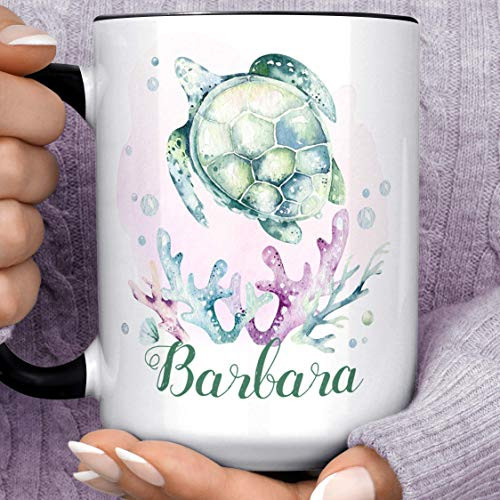 Personalized Ocean Sea Turtle Coffee Mug   Custom add Name to Ceramic Cup   Microwave Dishwasher Safe Ocean Animal Gift
