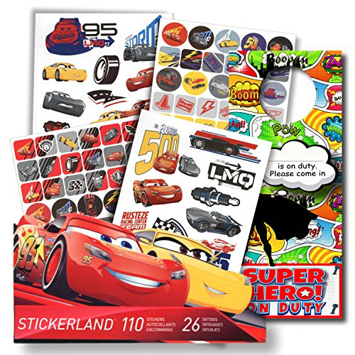 Disney Cars 3 Fun Set Cars 3 Stickers & Disney Cars 3 Tattoos Bundle with Specialty 2-sided Door Hanger