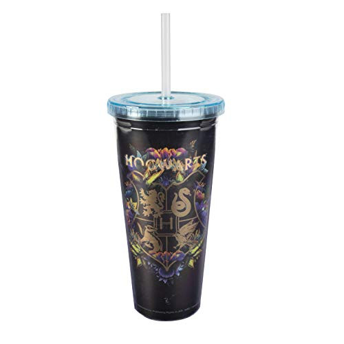 Harry Potter Hogwarts Travel Cup with Straw - Acrylic Tumbler with Gold Hogwarts Crest Design - 22 oz