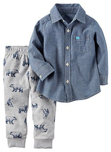 Carter's Baby Boys' 2 Piece Chambray Top and Bear Jogger Set Denim 3 Months