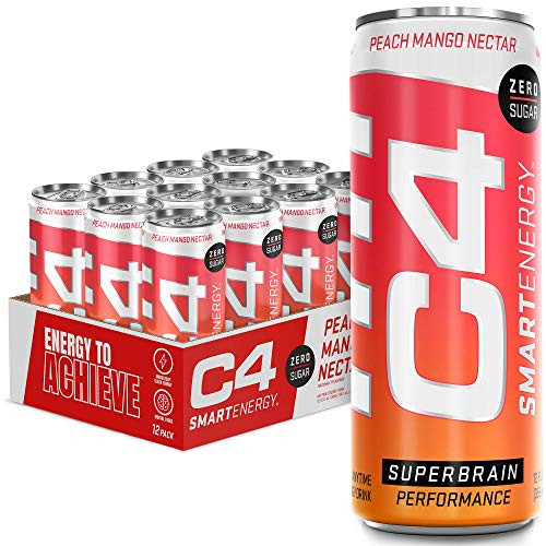 C4 Smart Energy Sugar Free Energy Drink 12oz  Pack of 12  - Peach Mango Nectar - Performance Fuel  and  Nootropic Brain Booster with No Artificial Colors or Dyes