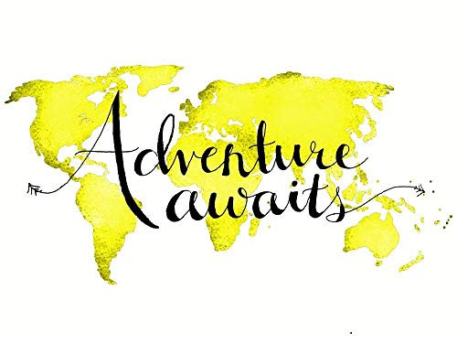 Adventure Awaits Quote Art Print Map Decor in Yellow World Map Travel Decor Unframed