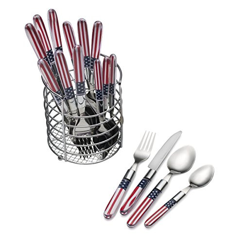 Pfaltzgraff Americana 16-Piece Stainless Steel Flatware Set with American Flag Handle Design and Metal Wire Storage Caddy  Service for 4