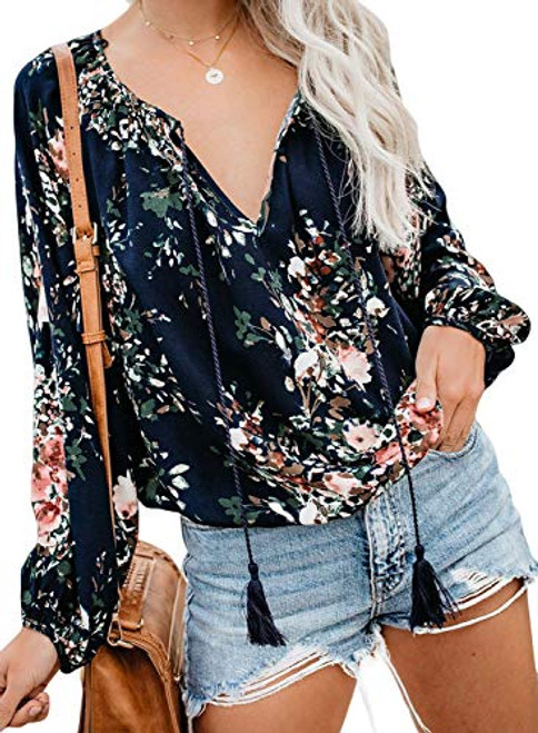Tiksawon Women s Floral Print V Neck Long Sleeve Shirts Tops Casual Loose Boho Blouses Blue XXL Tiksawon Women s Floral Print V Neck Long Sleeve Shirts Tops Casual Loose Boho Blouses Blue XXL
