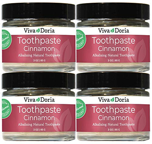 Pack of 4 Viva Doria Natural Toothpaste Fluoride Free Tooth Paste -- Cinnamon  Refreshes Mouth  Freshens Breath  Keeps Teeth and Gum Healthy  Cinnamon Flavor  3 oz Glass jar