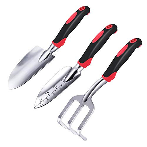 Garden Tool Set  3 Piece Cast-Aluminum Heavy Duty Garden Tools Includes Hand Trowel  Transplant Trowel and Cultivator Hand Rake with Soft Rubberized Non-Slip Ergonomic Handle  gardening tools Gifts