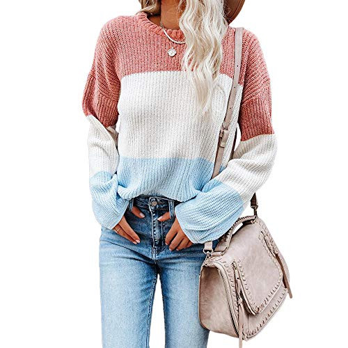 ZIWOCH Womens Color Block Long Sleeve Ribbed Knit Oversized Pullover Sweaters Pink