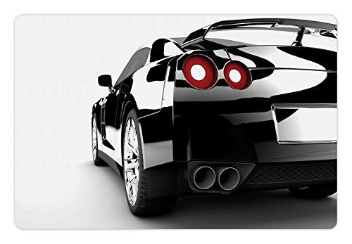 Lunarable Cars Pet Mat for Food and Water  Partial View of a Modern Sports Car from The Back Strong Engine Automobile  Rectangle Non-Slip Rubber Mat for Dogs and Cats  Black White and Red