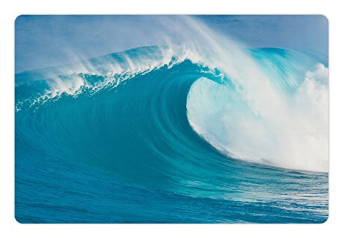 Lunarable Ocean Pet Mat for Food and Water  Scene of a Clean Big Sea Wave Moving Against Strong Wind with View Picture Print  Rectangle Non-Slip Rubber Mat for Dogs and Cats  White Blue Aqua