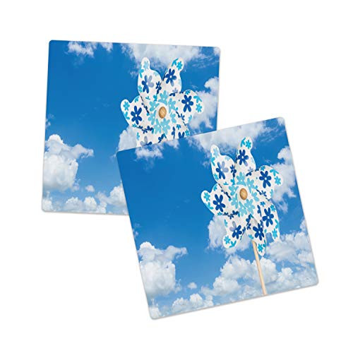 Lunarable Pinwheel Sandstone Coaster Set of 2  Pinwheel Cloudy Sky Landscape Nature Cloudscape Sun Relax Seasonal Scenic Picture  Absorbant Square Coasters for Drinks Mug Cups  4.25 inch  Blue White