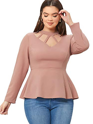Romwe Women s Plus Size Elegant Long Sleeve Layered Ruffle Hem Peplum Blouse Tops Dusty Pink 2XL