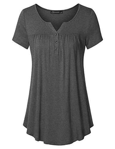 Vinmatto Women s Short Sleeve Henley V Neck Pleated Button Details Tunic Shirt Top 3XL Deep Gray