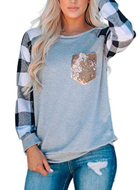 Pevilo Women s Long Sleeve Color Block Tunics Round Neck Plaid Shirts Tops Casual Loose Sweatshirts Grey Pevilo Women s Long Sleeve Color Block Tunics Round Neck Plaid Shirts Tops Casual Loose Sweatshirts Grey